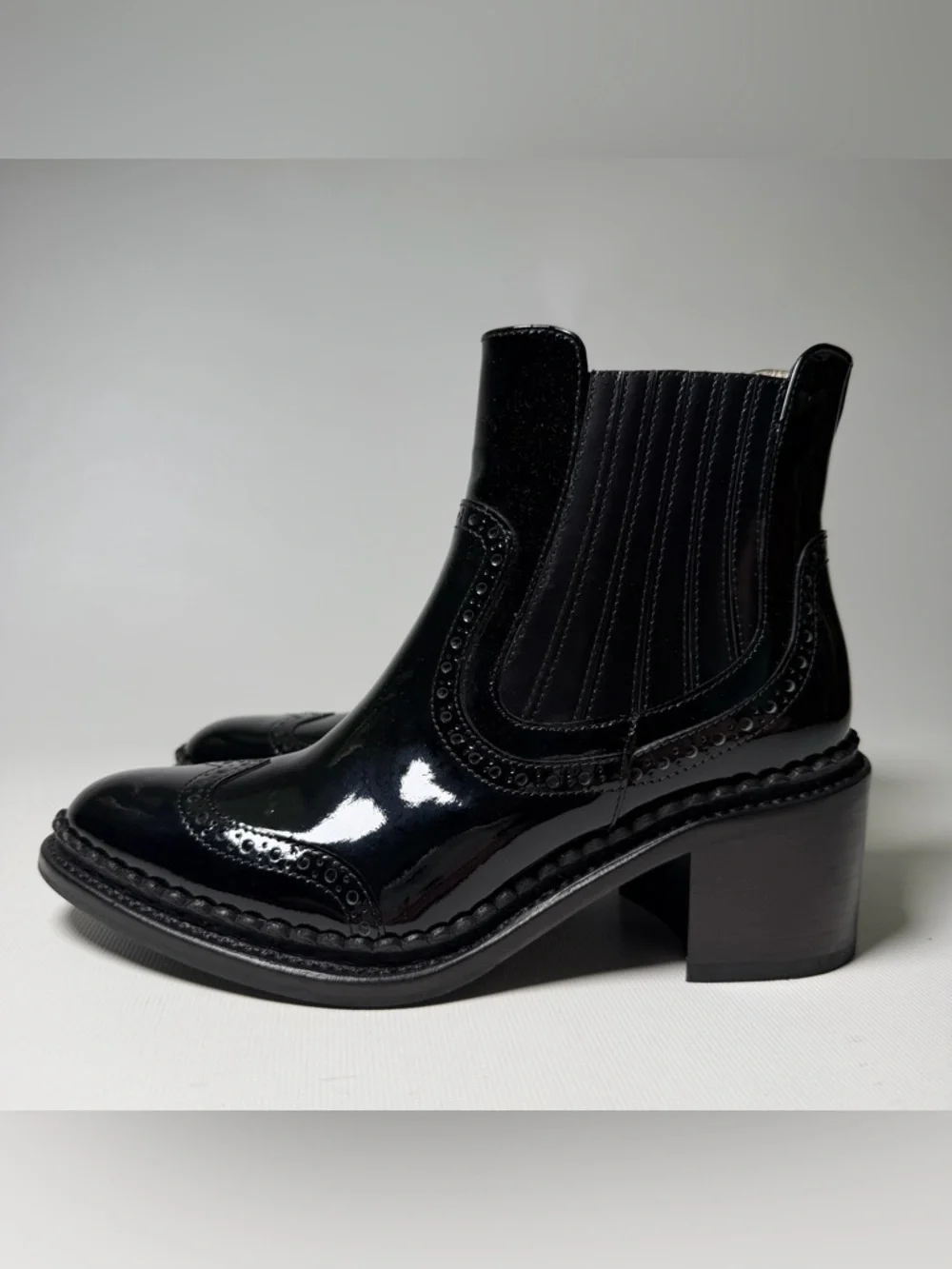 The Office of Angela Scott Patent Leather Wingtip Chelsea Boots - sz 35.5